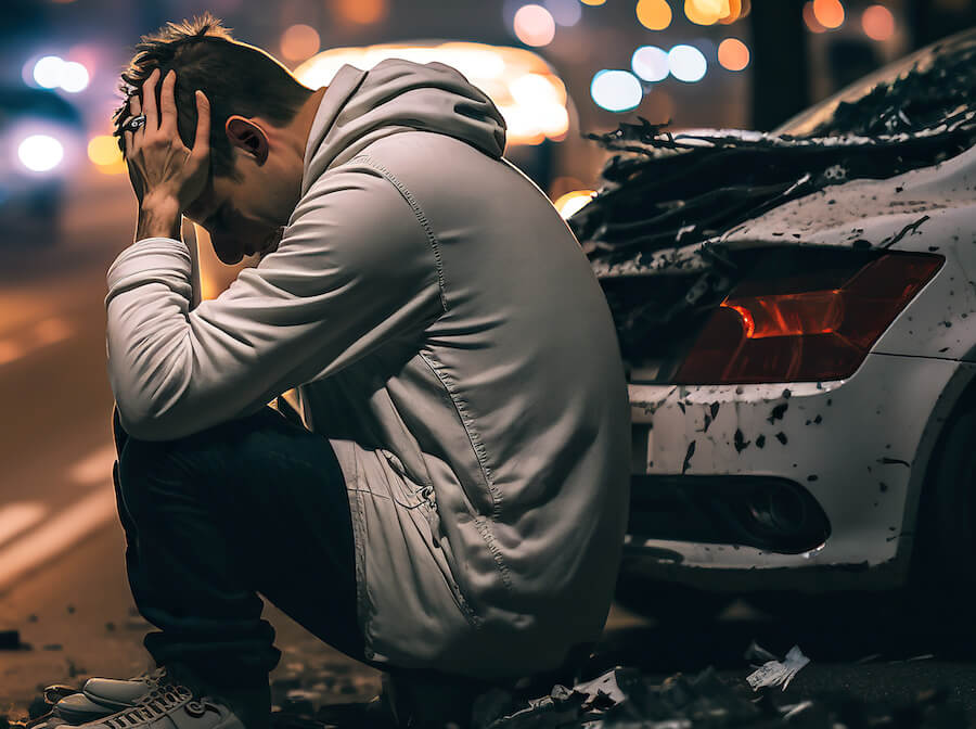 man sitting by wrecked car at night